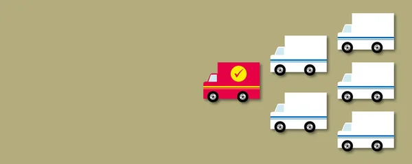 Червона Вантажівка Лідер Групи Білих Вантажівок Зеленому Тлі Концепції Лідерства — стокове фото