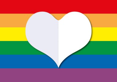 LGBT Gurur Gökkuşağı bayrağı ve beyaz kalp, metin için boşluk, kağıt kesimi tasarım biçimi.