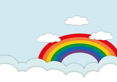 Yumuşak mavi arkaplanda bulutlu ve gökkuşağı, LGBT gurur kavramı veya LGBTQ insanları, metin için alan, kağıt kesimi tasarım tarzı.