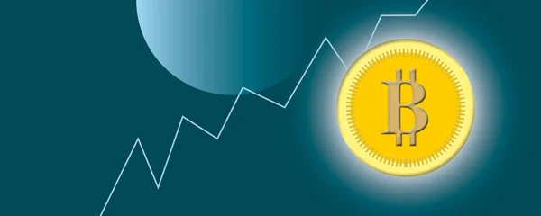 Bitcoin Com Gráfico Subindo Palavra Fundo Azul Como Metáfora Para — Fotografia de Stock