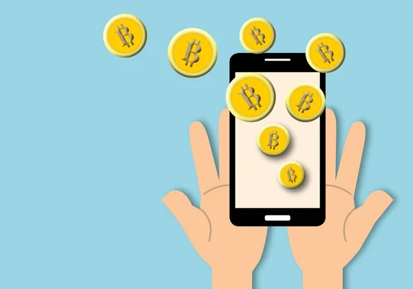 Hand Use Smart Phone Pay Bitcoin Blue Background Koncepcja Wzrostu — Zdjęcie stockowe
