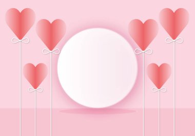 Kırmızı kalp şeklinde balon pembe arka planda beyaz daire, Sevgililer Günü veya Düğün için kutlama tasarımı, tebrik kartı için tatil illüstrasyonu, aşk konsepti, metin için alan, kağıt kesiği tasarım tarzı.