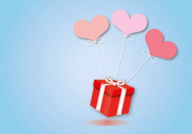 Mavi arka planda kırmızı hediyeli pembe kalpler, Sevgililer Günü veya Düğün için karşılama tasarımı, tebrik kartı için tatil illüstrasyonu, aşk kavramı, metin için alan, kağıt kesiği tasarım tarzı.