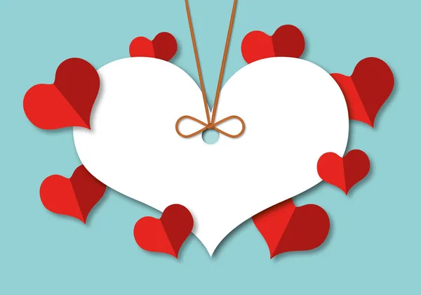 パステルブルーの背景に白いハートの赤いハート バレンタインデーや結婚式のためのグリーティングデザイン グリーティングカードのための休日のイラスト 愛のコンセプト テキストのためのスペース 紙カットデザインスタイル — ストック写真