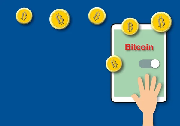 Hand Mit Bitcoin Und Tablet Auf Blauem Hintergrund Konzept Glühend — Stockfoto