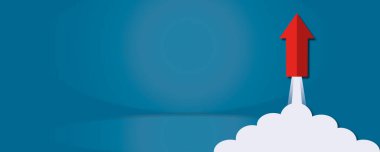 İş ve mali büyüme metaforu olarak mavi arka planda yükselen beyaz dumanlı kırmızı ok, başarı ve finansal gelişim, iş büyüme konsepti, kağıt kesiği tasarım tarzı.