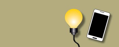 Akıllı telefonlu sarı ampul, fikir teknolojisi konsepti, metin için alan, kağıt kesimi tasarım biçimi.