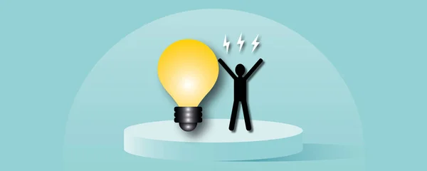 Man with light bulb with flash on pastel blue background as metaphor for Concept innovation thinking creative, Success inspiration, Business idea, paper cut design style.