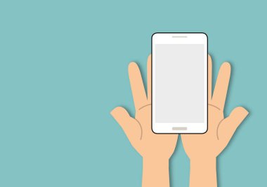 Elle gösterilen telefon boş ekranı pastel yeşil arkaplan üzerinde, metin için boşluk, kağıt kesimi tasarım biçimi.