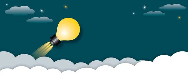 Желтая Лампочка Поднимающаяся Вверх Ракета Белым Облаком Зеленом Фоне Идеи — стоковое фото