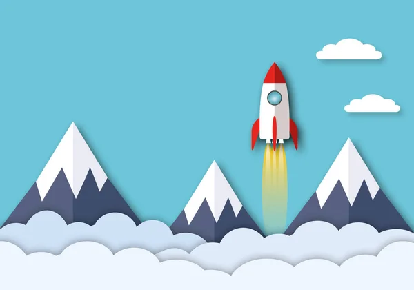 Space rocket launch over mountain with clouds rising up the sky as metaphor for business and financial growth, Success and financial developing, Business growth concept, paper cut design style.