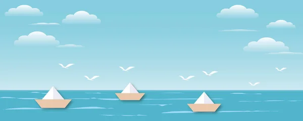 Beautiful sky with boats sailing on the blue sea, Nature background or Summer holiday concept, Landscape, space for the text, paper cut design style.