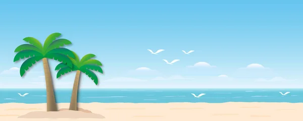 绿松石蓝海 椰子树 自然背景或暑假理念的宜人海滩 文字空间 剪纸设计风格 — 图库照片