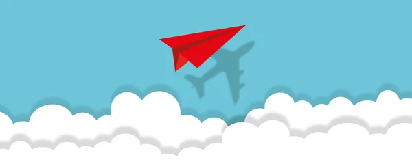 红色的纸飞机 其阴影在天空中飘扬 作为商业 金融增长 金融发展和商业增长的伟大和隐藏潜力的隐喻 造纸艺术风格 — 图库照片