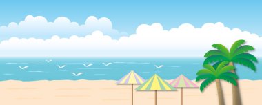 Turkuaz mavi denizi, kumu, hindistan cevizi ağacı, kuşu, gökyüzü ve bulutu olan Idyllic plajı. Doğa geçmişi ya da yaz tatili konsepti. Manzara. Metin için yer aç. Kağıt kesimi tasarım biçimi.