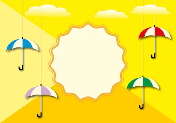 Guarda Chuva Colorido Com Nuvens Fundo Amarelo Venda Banner Estação — Fotografia de Stock