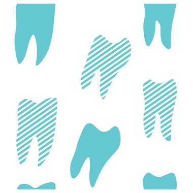 Sağlık hizmetleri tasarımı için dişleri olan soyut bir model. Diş sağlığı kliniği hastası. Beyaz arka planda güzel, renkli dişler. Vektör kusursuz desen. Vektör illüstrasyonu