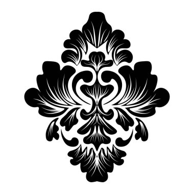 Beyaz zemin üzerinde klasik tarzda siyah damaske ögesi. Kraliyet şablonu. Siluet vektörü. Vektör deseni. Parmak izi tasarımı için Royal damask ögesi. Vektör illüstrasyonu