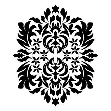 Beyaz zemin üzerinde klasik tarzda siyah damaske ögesi. Kraliyet şablonu. Siluet vektörü. Vektör deseni. Parmak izi tasarımı için Royal damask ögesi. Vektör illüstrasyonu