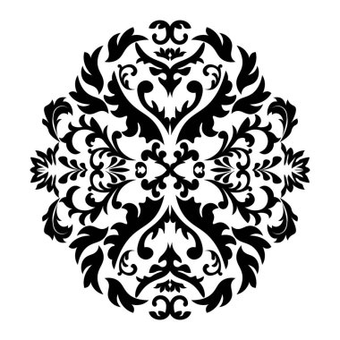 Beyaz zemin üzerinde klasik tarzda siyah damaske ögesi. Kraliyet şablonu. Siluet vektörü. Vektör deseni. Parmak izi tasarımı için Royal damask ögesi. Vektör illüstrasyonu