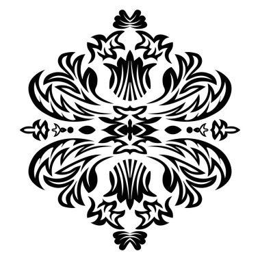 Beyaz zemin üzerinde klasik tarzda siyah damaske ögesi. Kraliyet şablonu. Siluet vektörü. Vektör deseni. Parmak izi tasarımı için Royal damask ögesi. Vektör illüstrasyonu