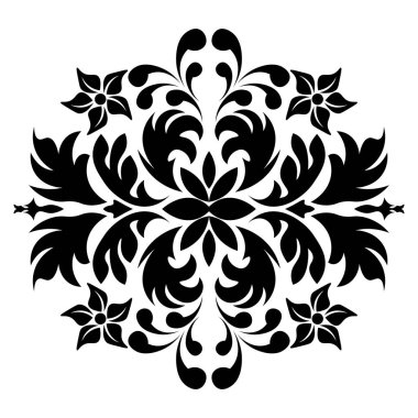 Beyaz zemin üzerinde klasik tarzda siyah damaske ögesi. Kraliyet şablonu. Siluet vektörü. Vektör deseni. Parmak izi tasarımı için Royal damask ögesi. Vektör illüstrasyonu