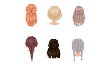 Güzel saç stili farklı renkte uzun saçlı kadın. Süslü saç stili. vektör saç simgesi beyaz arkaplanda izole edildi