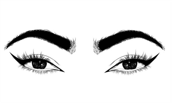 Женский сексуальный роскошный правый глаз ручной работы с идеально оформленными бровями и полными ресницами. Идея визитной карточки, векторная типография. Идеальный внешний вид