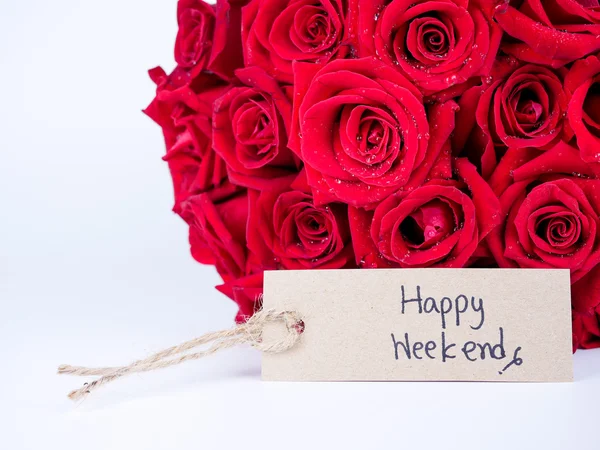 Handwriting Happy Weekend and red rose flower 1 — Stock Photo, Image