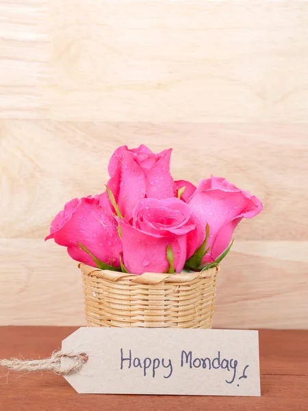 Manuscrito Happy Monday e rosa rosa rosa flor 2 — Fotografia de Stock