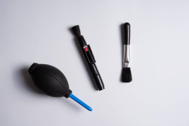 Temizleme seti kamerası DSLR Arka plan Siyah ve Beyaz