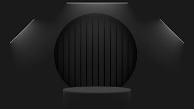 siyah podyum sergisi ve üç ışık dizisi kompozisyonu. ürün gösterimi için harika