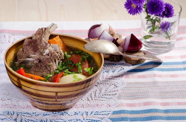 Soup shurpa - traditional oriental dish with lamb — Stock Image Soup shurpa - traditional oriental dish with lamb Stock Photo