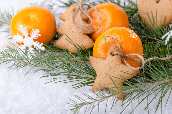 Kekse und Mandarinen auf den Zweigen der Fichte — Stockfoto