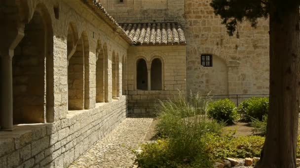 Un bâtiment en pierre qui a de l'herbe devant une maison — Video