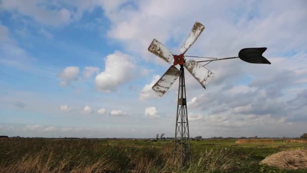 Ветряная мельница на покрытом травой поле — стоковое видео