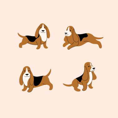 Çizgi film basset tazı çizim çizimi ikonu. Şirin köpek ikonları. Çocuk odası için çocukça baskılar, çocuk kıyafetleri, poster, kartpostal, desen.
