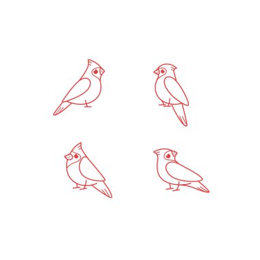 Çizgi film ikonu seti. Kırmızı kardinalin farklı pozları. İzler, giysiler, ambalaj, çıkartmalar için vektör illüstrasyonu.