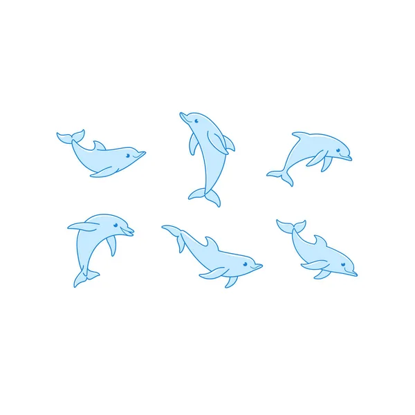 Icono Línea Dibujo Delfines Dibujos Animados Conjunto Iconos Animales Kawaii — Vector de stock