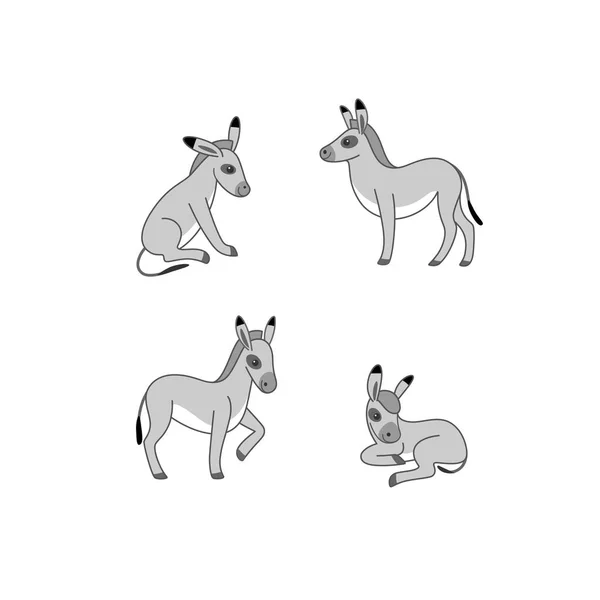 Juego Iconos Burro Dibujos Animados Diferentes Poses Animales Dibujos Animados — Vector de stock