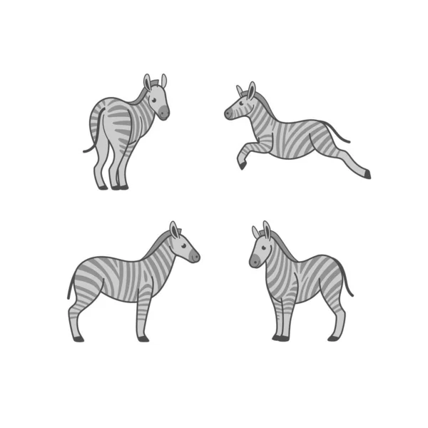 Set Icone Zebra Dei Cartoni Animati Diverse Pose Animali Dei — Vettoriale Stock