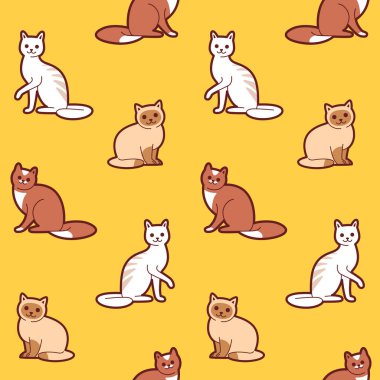 Değişik kedi türleri olan basit, modaya uygun bir hayvan deseni. Çizgi film vektör illüstrasyonu.
