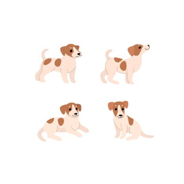 Çizgi film köpek ikonu seti. Jack Russell Terrier 'ın farklı pozları. İzler, giysiler, ambalaj, çıkartmalar için vektör illüstrasyonu.