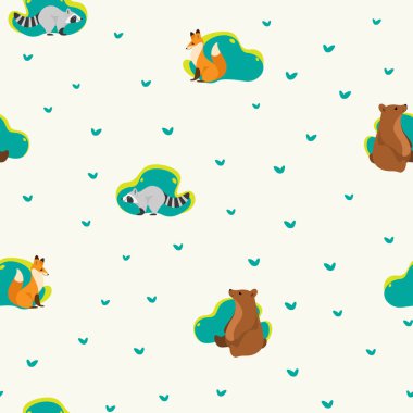 Rakun, tilki ve ayıyla sade ve modaya uygun bir düzen. İzler, giysiler, ambalaj ve kartpostallar için çizgi film vektör çizimi. 