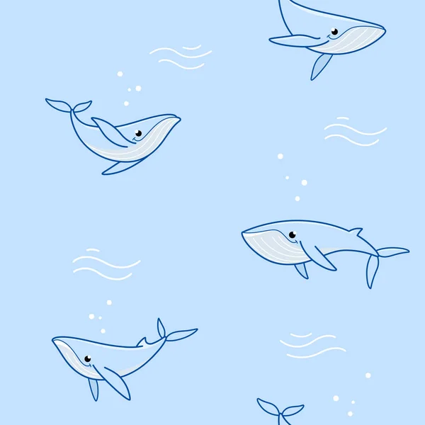 Simple Seamless Trendy Animal Pattern Blue Whale Cartoon Vector Illustration — Stock Vector