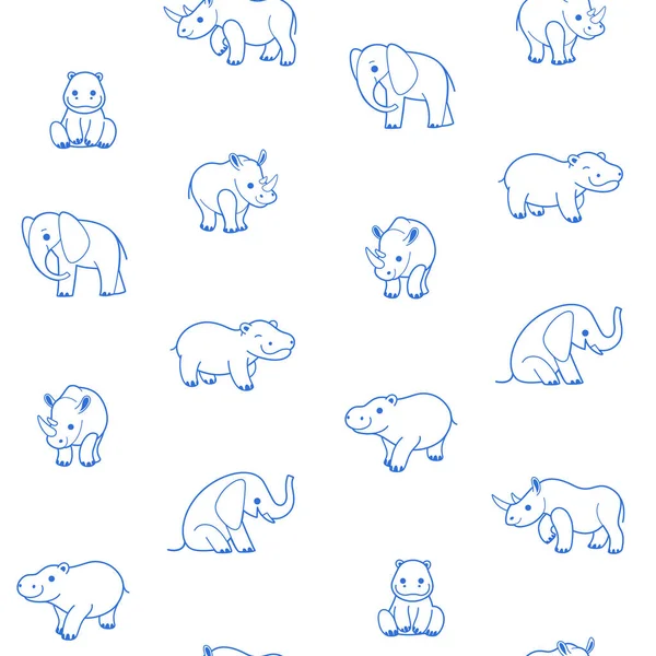 Prosty Bezszwowy Modny Wzór Zwierzęcy Słoniem Nosorożcem Hipopotamem Ilustracja Wektora — Wektor stockowy