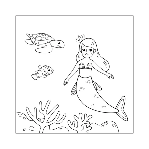 ウミガメとかわいい人魚の漫画のキャラクター ベクトルイラスト 子供のための着色本のセット — ストックベクタ