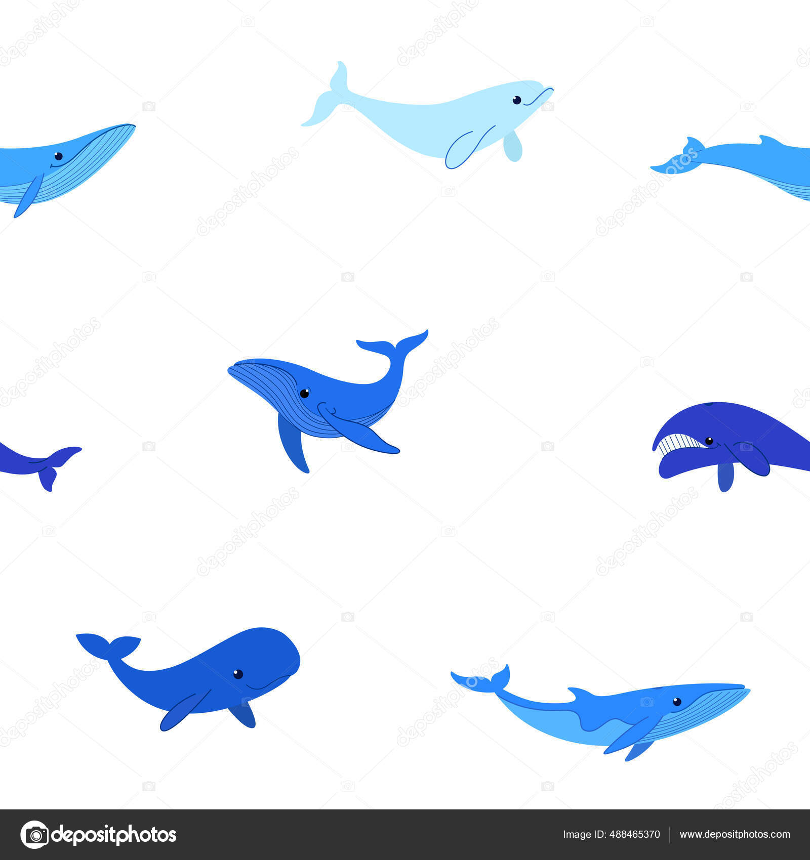 与不同种类鲸鱼抹香鲸座头鲸极地鲸白鲸的简单无缝动物模式图库矢量图©lili_kudrili 488465370