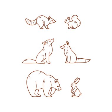 Bir grup orman hayvanı - rakun, kurt, sincap, tilki, tavşan, ayı.