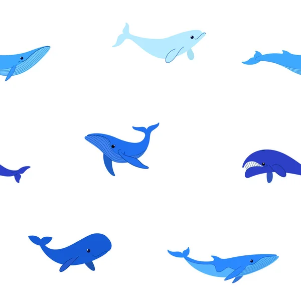 与不同种类鲸鱼 抹香鲸 座头鲸 极地鲸 白鲸的简单无缝动物模式 — 图库矢量图片